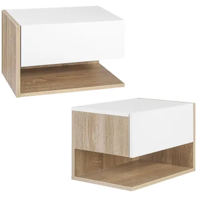 Productafbeelding van Set van 2 wandtafeltjes - slaapkamer meubels - wandmontage - met lade - open vak - hout - hoogte 30 cm - wit