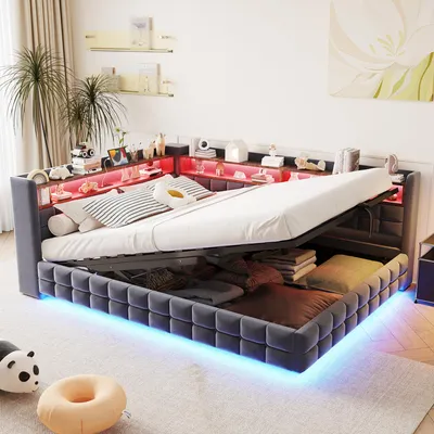 Produktbild von Polsterbett 140x200 cm, Schlafsofa mit LED-Beleuchtung, Steckdose, USB-C-Anschlüssen, Holzregalen, hydraulischem Bettkasten und Lattenrost, Dunkelgrau Samtstoff