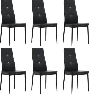 Six black dining chairs are arranged in two rows of three against a white background.