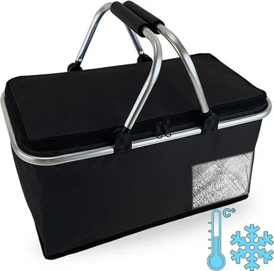 Produktbild von Unyqoos® Faltbarer Thermo‑Einkaufskorb 30 L – isolierter Kühlkorb aus 600D Nylon mit Aluminiumrahmen, faltbar 47×25×5 cm, schwarz, 580 g