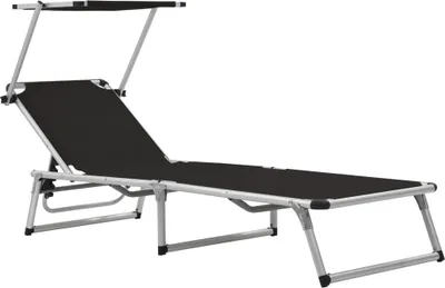 Produktbild von vidaXL Klappbare Sonnenliegen mit Dach 2 Stk. Alu Textilene Schwarz