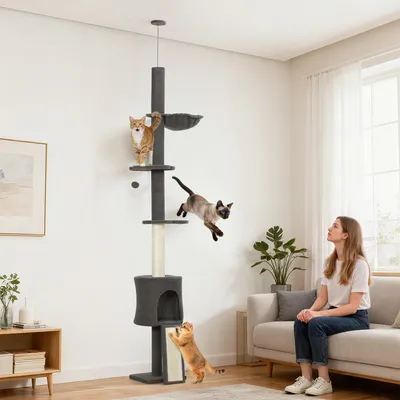 Produktbild von SUGIFT 5-in-1 Katzenbaum mit Höhle, Kratzbaum deckenhoch 220-240 cm, Hängematte, Rampe, platzsparend  |  Wandbefestigung  |  für 1-2 Katzen  |  Dunkelgrau
