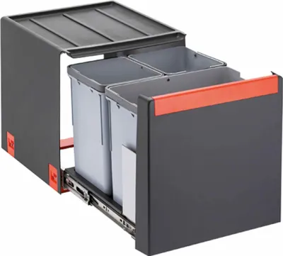 A pull-out kitchen bin system with two compartments, shown extended.