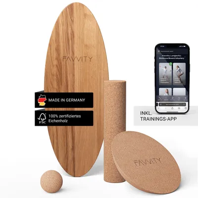 Produktbild von Balance Board aus Eichenholz [Handgefertigt in Deutschland] Gleichgewichtstrainer - Komplett-Set