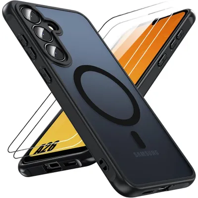 Image de Coque et 2 Verres Trempés pour Samsung Galaxy A26 5G avec Anneau Magnétique et Protection Caméra, Silicone et PC Noir