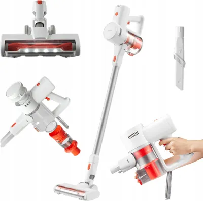A collage of images showing different parts and angles of a cordless vacuum cleaner, with one image showing a hand holding the vacuum's handle.