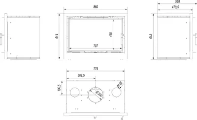 Technical drawings and dimensions of a fireplace insert.
