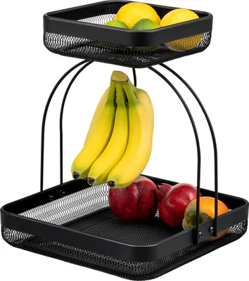 Immagine prodotto di zuppiera di frutta a 2 livelli con porta banane, cestino per il pane, cestino per la frutta in metallo nero, angolare
