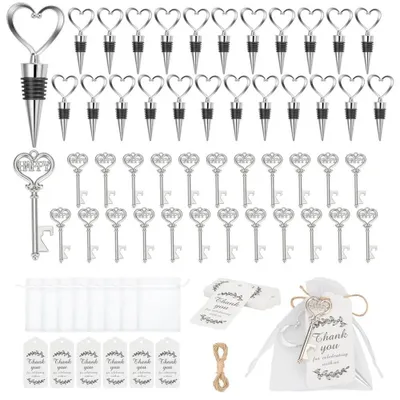 Produktbild von Herzförmige Weinflaschenverschlüsse & Flaschenöffner - Set 36 Stück - Gastgeschenke zur Hochzeit - Zinklegierung - Wiederverwendbar - Schwarz