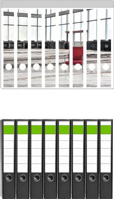 Produktbild von Wallario 8 Stück schmale Ordner inkl. Klebeetiketten mit Motive Stille und Leere - ein einsamer roter Stuhl in einer alten Halle -  Set mit Rückenschildern / Ordnerrücken Stickern