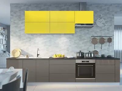 Immagine prodotto di Mobile cucina laccato Mobile cucina bianco / RAL 1016 giallo zolfo RAL 7039 grigio quarzo laccato lucido