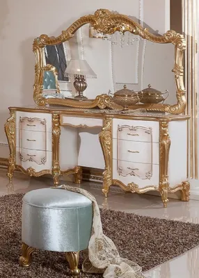 Produktbild von Casa Padrino Luxus Barock Schlafzimmer Set Weiß / Braun / Gold / Türkis - 1 Barock Schminkkommode & 1 Barock Spiegel & 1 Barock Hocker - Barock Schlafzimmer Möbel - Edel & Prunkvoll