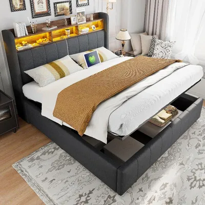 Productafbeelding van Boxspringbed 160x200 cm met LED-verlichting en USB-aansluiting, hydraulisch verstelbaar bed met opbergruimte, bekleed met linnenstof in de kleur grijs, met hoofdbord en inlegplanken