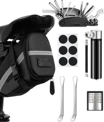Productafbeelding van Famanu fietsonderhoudsset met zadeltas, 16-in-1 multifunctioneel gereedschap + mini-luchtpomp van 120 psi