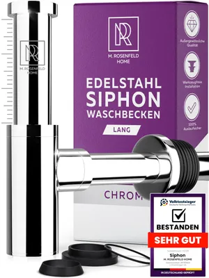 Produktbild von M. ROSENFELD HOME Design Siphon Waschbecken Extra Lang 130–230 mm Tauchrohr, Wandrohr 330 mm, 11/4" für modernes Bad mit Reinigungsöffnung und Dichtungen