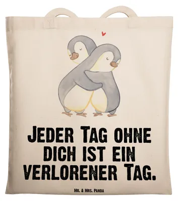 Produktbild von Mr. & Mrs. Panda Tote Bag Pinguine Kuscheln - Transparent - Geschenk, Shopping Tasche, Hochzeitstag, Mitbringsel, Jutebeutel, für Frauen, Schultasche, Freundin, canvas