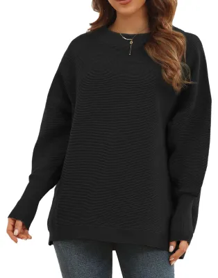 Zdjęcie produktu dla Długie rękawy Sweter Kobiety Jesień Zima Oddychający Luźny Casual Elegancki Czysty kolor Dzianinowy sweter Topy Czarny XS