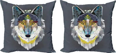 Obrázek produktu pro ABAKUHAUS Zoo Sada povlaků na polštář (2ks), umělecký grafický design kojota vlka, moderní portrét, geometrický barevný tisk, 45 x 45 cm, vícebarevný