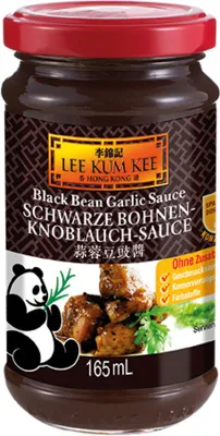 A jar of Lee Kum Kee Black Bean Garlic Sauce is shown against a white background. The label features product information, a panda illustration, and an image of the sauce with food.