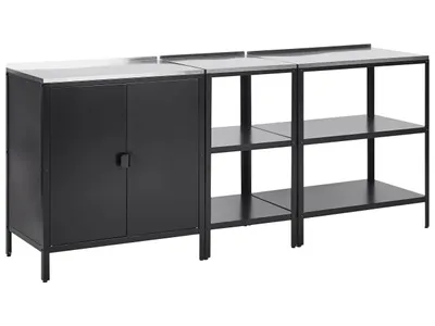 Produktbild von BELIANI Outdoor-Küche Schwarz Stahl 3er Set mit Edelstahlplatte Modern für Garten Draußen Ausstattung Outdoor-Küchenmöbel Gartenküche