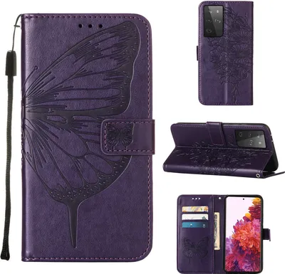 Produktbild von Galaxy S21 Ultra 5G Hülle, Schmetterling Prägung Flip Leder Kartenfächer Schutzhülle Ledertasche mit Ständer für Samsung Galaxy S21 Ultra 5G Lila
