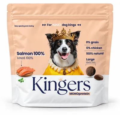 Zdjęcie produktu dla KINGERS Łosoś 2 kg karma sucha monobiałkowa dla średnich i dużych psów, Obraz wygenerowany przez AI