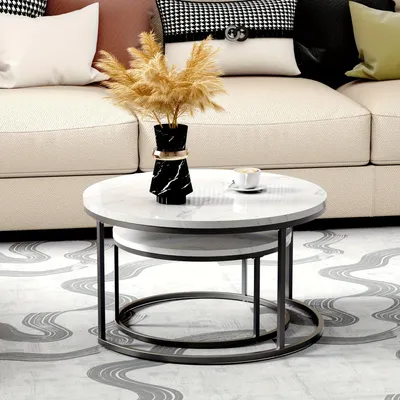 Image de Table basse - Tables basses - Table d'appoint - Table de café - Table de chevet - Ensemble de 2 tables rondes - Plateau en marbre