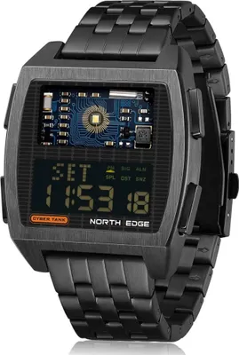 Obrázek produktu pro Pánské hodinky North Edge, model: Cyber Tank, digitální sportovní hodinky, retro design, vodotěsnost 50 m, kovové pouzdro, ideální pro aktivní muže.