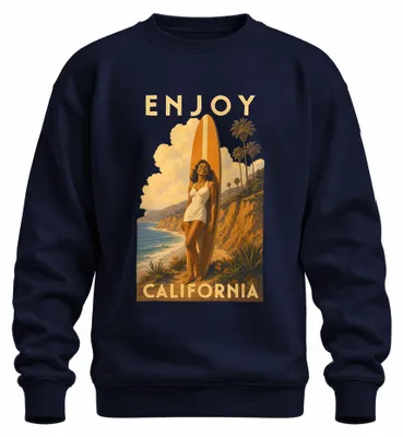 Zdjęcie produktu dla Bluza vintage "California Surfer Girl" z motywem plażowym, idealna na lato, kolor granatowy, rozmiar L