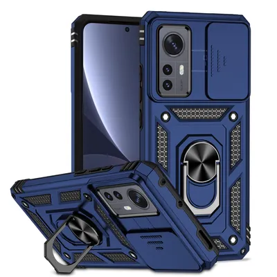 Immagine prodotto di Custodia per Xiaomi 12 / Xiaomi 12X a doppio strato con copertura scorrevole della fotocamera e supporto ad anello blu