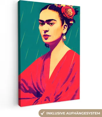 Produktbild von MuchoWow® - Leinwandbilder - Porträt - Frida Kahlo - Frau - Vintage - Rot, Wandbild, Wanddeko Bilder Wohnzimmer, 60x90 cm