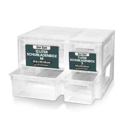 Produktbild von Set: 2 x Schubladenboxen Größe S mit Nutzvolumen 7 Liter und 2 x Größe M mi Nutzvolumen 12 Liter