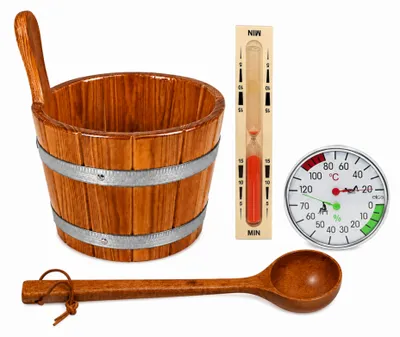 Produktbild von HAF Saunakübel Set Lärche 5 Liter Hygieneversiegelt + Saunakelle, Sanduhr & Klimamesser | Feuchtigkeitsresistenter Kübel | Qualität:  Germany