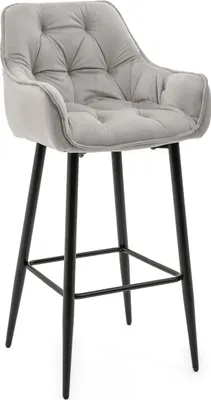 A light gray upholstered bar stool with black legs is shown against a white background.
