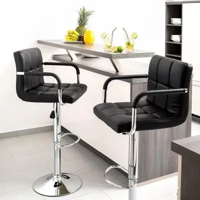 Produktbild von 2er Set Barhocker - Drehbar - Höhenverstellbar 55–75 cm - Mit Armlehnen - Gepolsterter Sitz - Schwarz