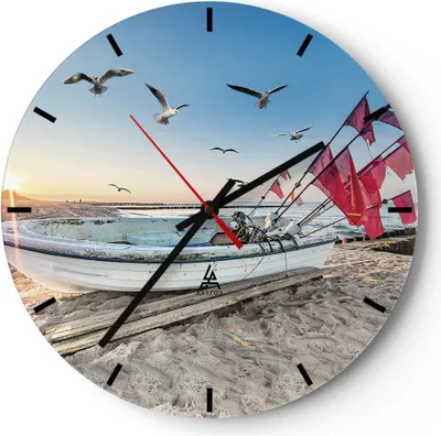 Produktbild von Wanduhr - Rund - Glasuhr - Łódź Küste Möwen - 40x40cm - Schleichendes Uhrwerk - Lautlos - zum Aufhängen bereit - Dekoration Modern - Wanddekoration aus Glas - C3AR40x40-4779