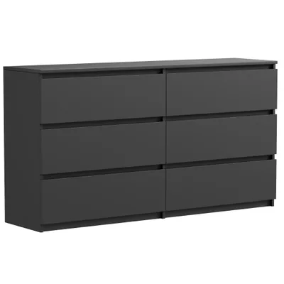 A dark gray dresser with six drawers against a white background.