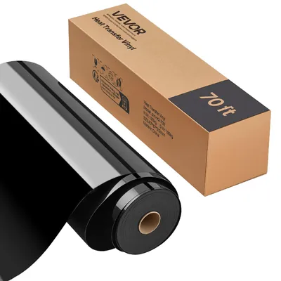 Productafbeelding van VEVOR Vinylfolie voor warmteoverdracht, transferfolie (304,8 x 21336 mm), glanzend zwart HTV-bühnvinyl, compatibel met snijmachines, geschikt voor diverse materialen zoals T-shirts, kussens en hoeden