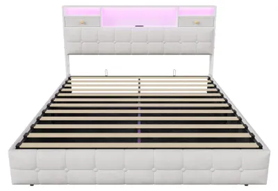 Obrázok produktu pre Moderná posteľ – čalúnená posteľ s úložným priestorom 140 x 200 cm – LED osvetlenie – nabíjacie porty USB a Type-C – 2 zásuvky – čalúnené čelo – béžová