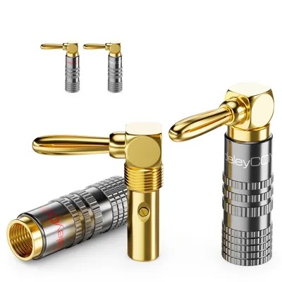 Produktbild von deleyCON 4 Stück Bananenstecker Set 90° Gewinkelt - Vergoldet Schraubbar für Lautsprecherkabel Boxenkabel 0,75 mm - 4,5 mm & z. B. HiFi Heimkino Receiver