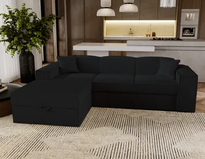 Produktbild von Ecksofa mit Schlaffunktion Santorini - Sofa 250 cm mit Bettkasten, Ecksofa L-Form, Schlafsofa Couchgarnitur - Links - Schwarz & Poso 135