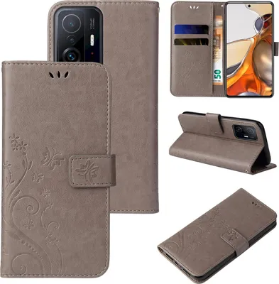 Produktbild von Handyhülle für Xiaomi 11T / 11T Pro Floral Blumen Schmetterling Flip Cover Hülle Case Klapphülle Handytasche Farbe: Grau