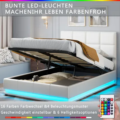 Obrázek produktu pro Čalouněná postel UnboxG 140 × 190 cm, bíláPolyuretankůže s RGB LED osvětlením a hydraulickým zvedacím rámem, postel s úložným prostorem a čalouněným čelem do ložnice