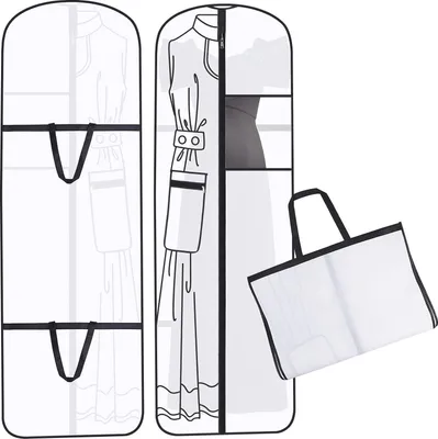A collage of images showing garment bags with dresses inside, and a separate garment bag.