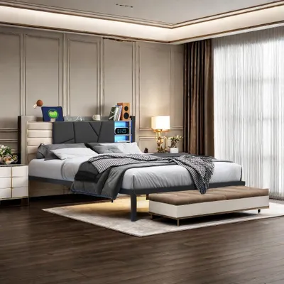 Obrázok produktu pre Manželská posteľ - Rám postele - Posteľ s LED osvetlením - Posteľ s úložným priestorom - S USB portom - 160x200 cm - Kov a drevo