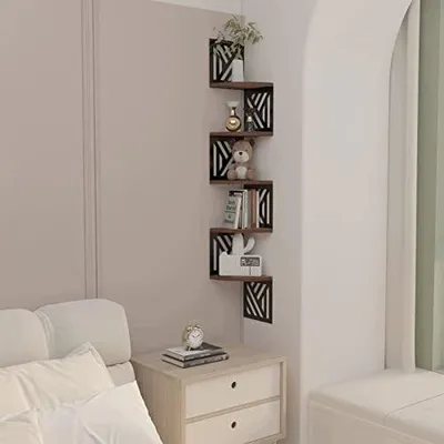 Zdjęcie produktu dla Półka narożna drewniana pięciopoziomowa vintage do salonu prezent