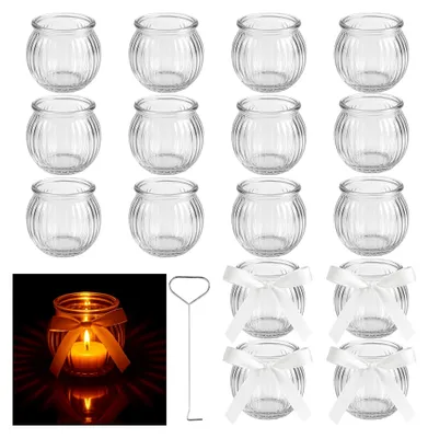 Produktbild von 16 Stück Teelichthalter aus Glas, transparent mit Kerzenlöscher und Band, 5,2 cm Durchmesser x 5,5 cm Höhe, kleine Teelichtgläser, Vintage-Kerzengläser klar, für Hochzeit, Valentinstag, Weihnachten, Feier