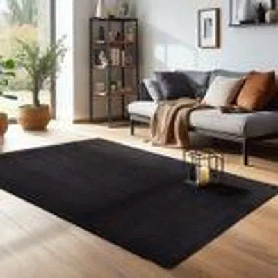 Produktbild von Moderner flauschiger Kurzflor Teppich einfarbig, rutschfest, waschbar & soft - perfekter Komfort für Zuhause, Größe: 80 x 150 cm, Farbe: Schwarz