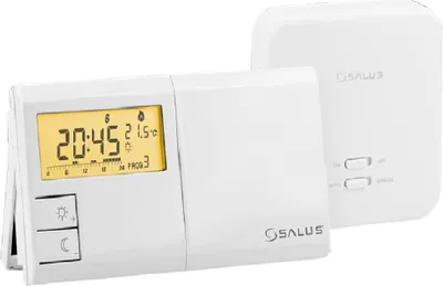 A white digital thermostat and its receiver unit are shown against a white background.