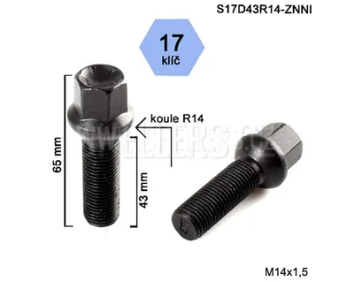 Obrázek produktu pro Kolový šroub M14x1,5x43 koule R14, klíč 17, S17D43R14-ZNNI; černý, výška 65